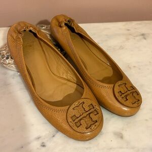 Tory Burch Reva Travel Ballet Flats Royal Tan Leather Loafers Slip Ons 6.5 Shoes